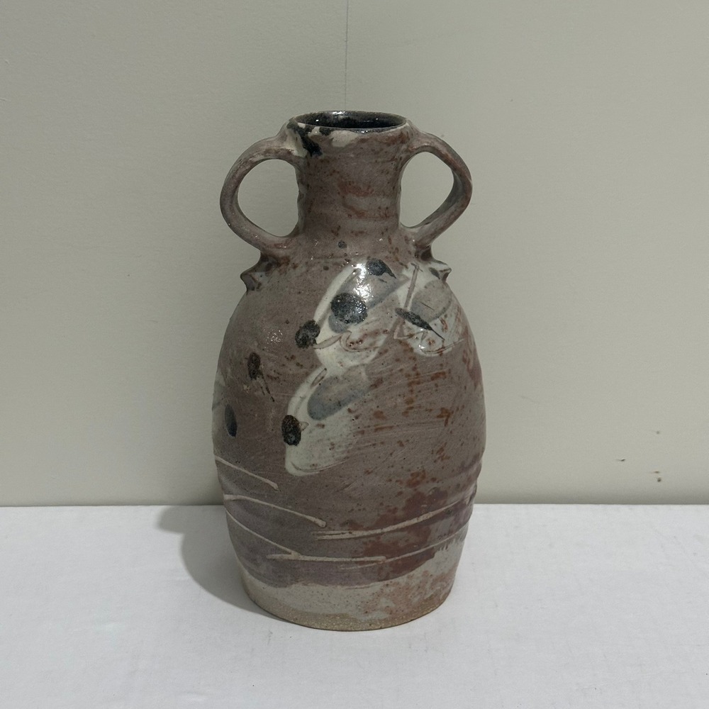 Unique Ceramic Vase with Handles Rustic Earth Tones Decorative Art Pottery